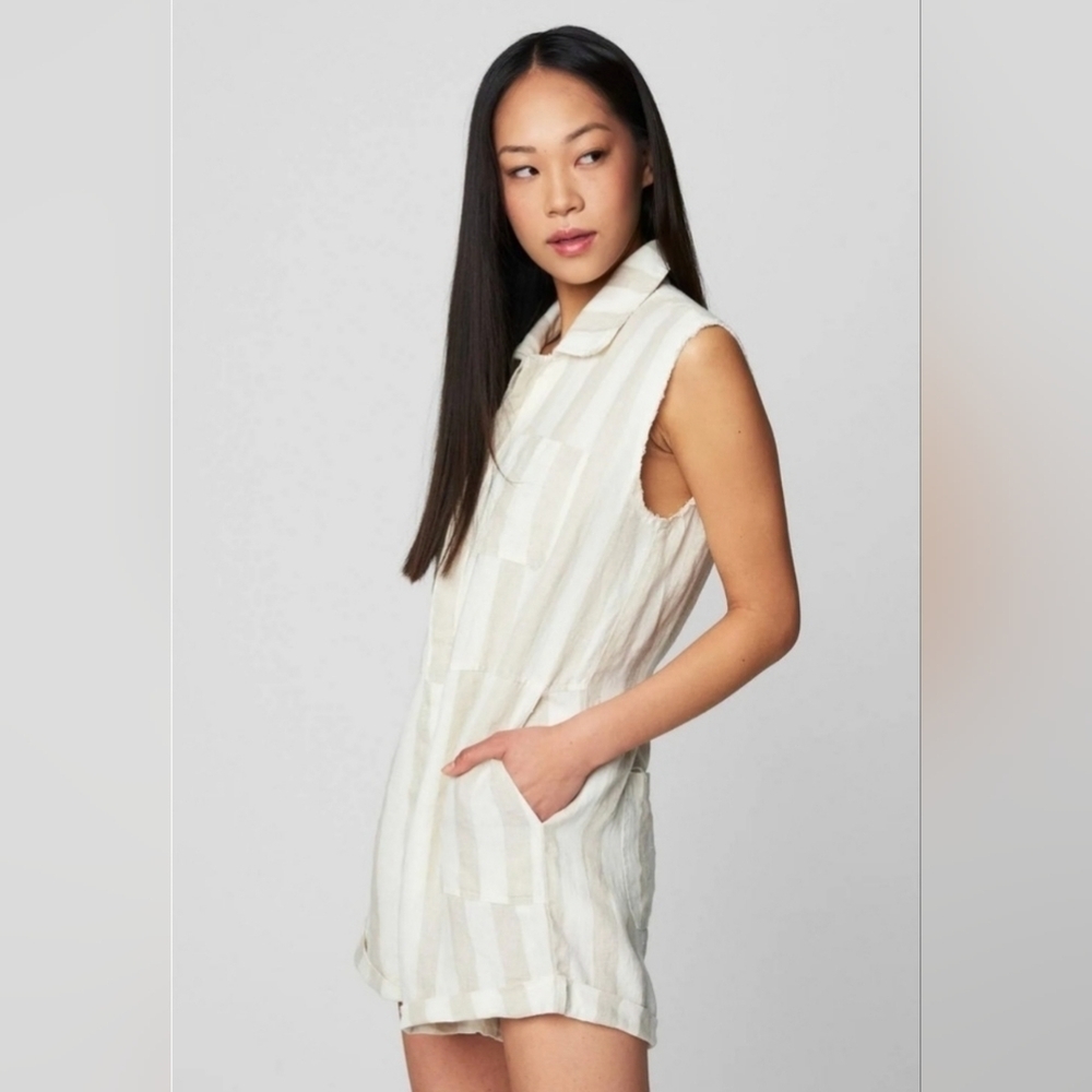 BLANK NYC,Changing Lanes Striped Linen Romper, Light Tan/Cream, Size Large -NWT - Picture 4 of 13